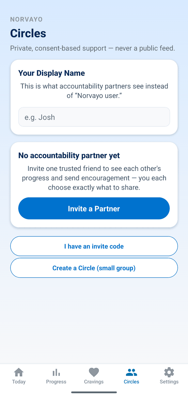 Norvayo's Circles screen for inviting a private accountability partner