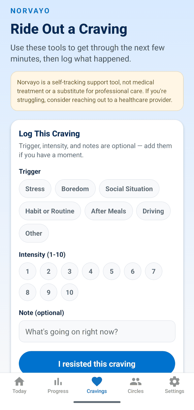 Norvayo's craving screen with a breathing exercise, a 5-minute craving timer, and coping actions